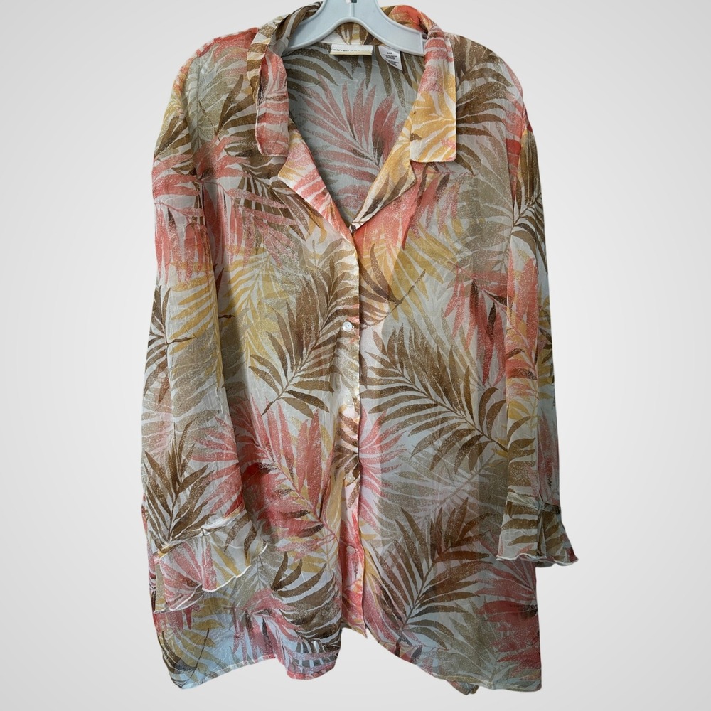 Alfred Dunner Woman Tropical Palm Print Sheer Ruffle Sleeve Blouse Coral 24W